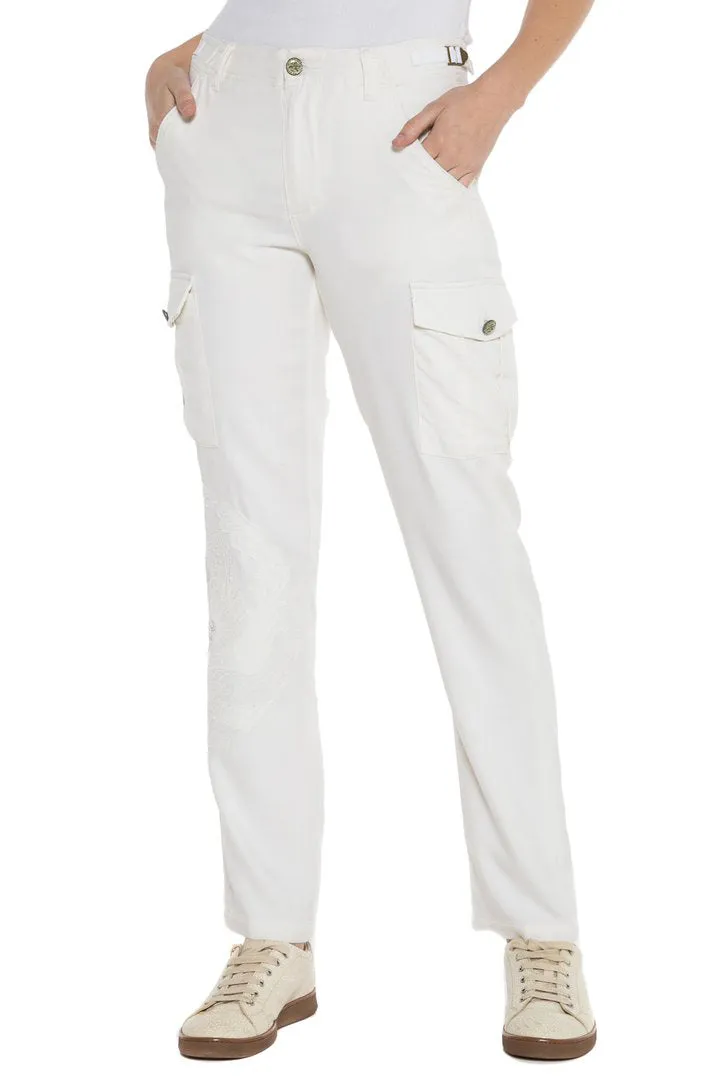 100% Silk cargo with embroidery in White