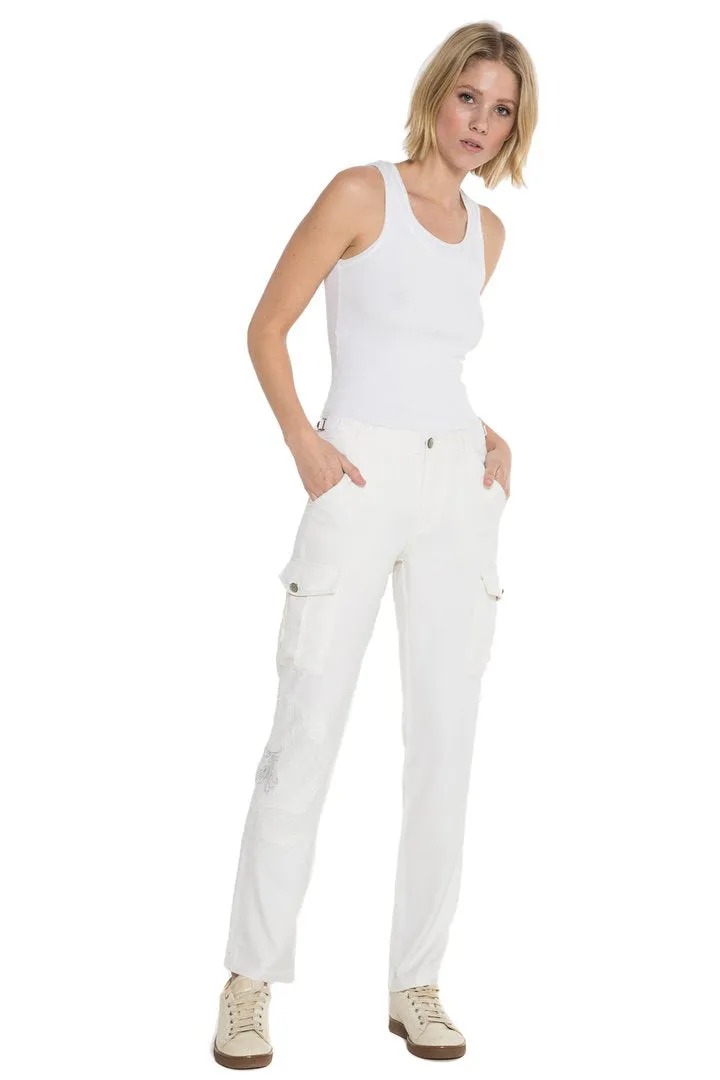 100% Silk cargo with embroidery in White