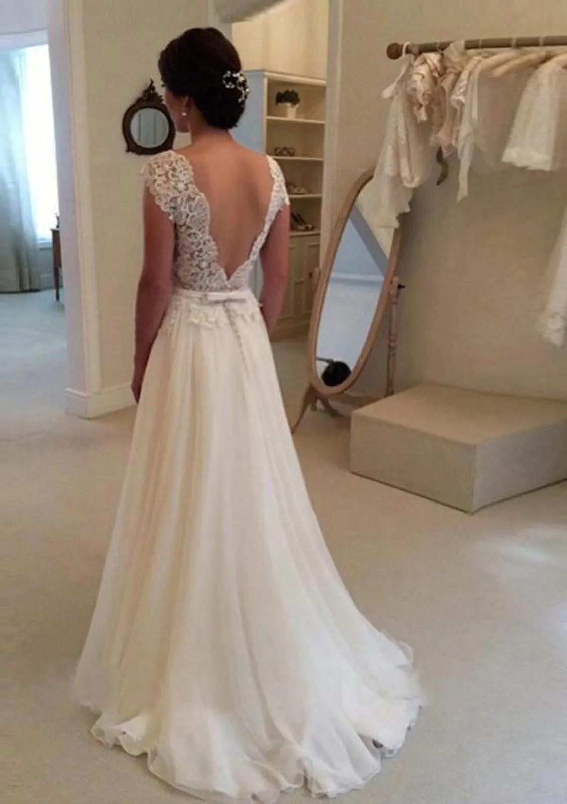 A-line Lace Chiffon Bateau Cap Sleeve V Back Wedding Dress, Pleats Belt