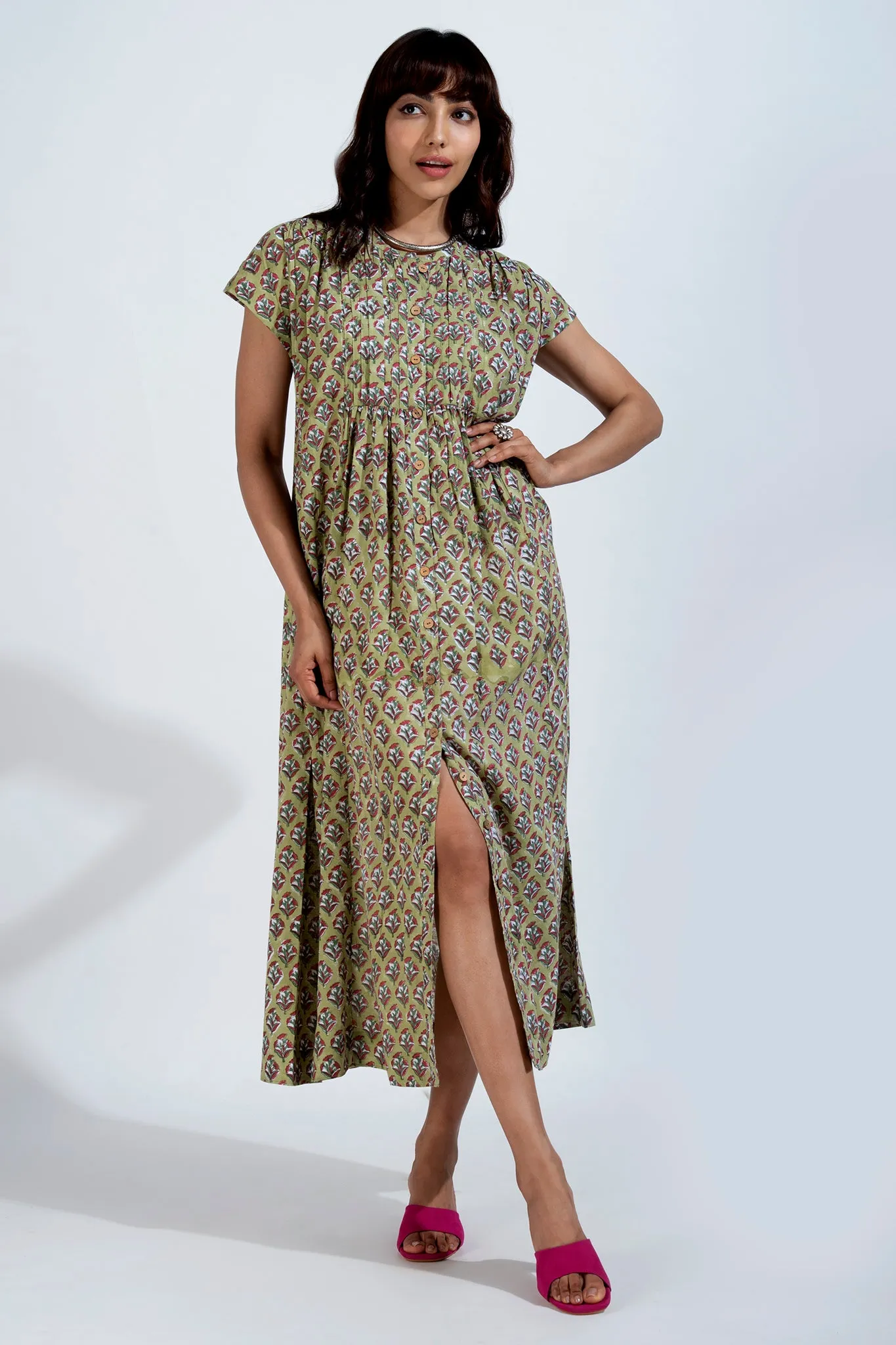 button down pintuck dress - glowing jade & springtime palette