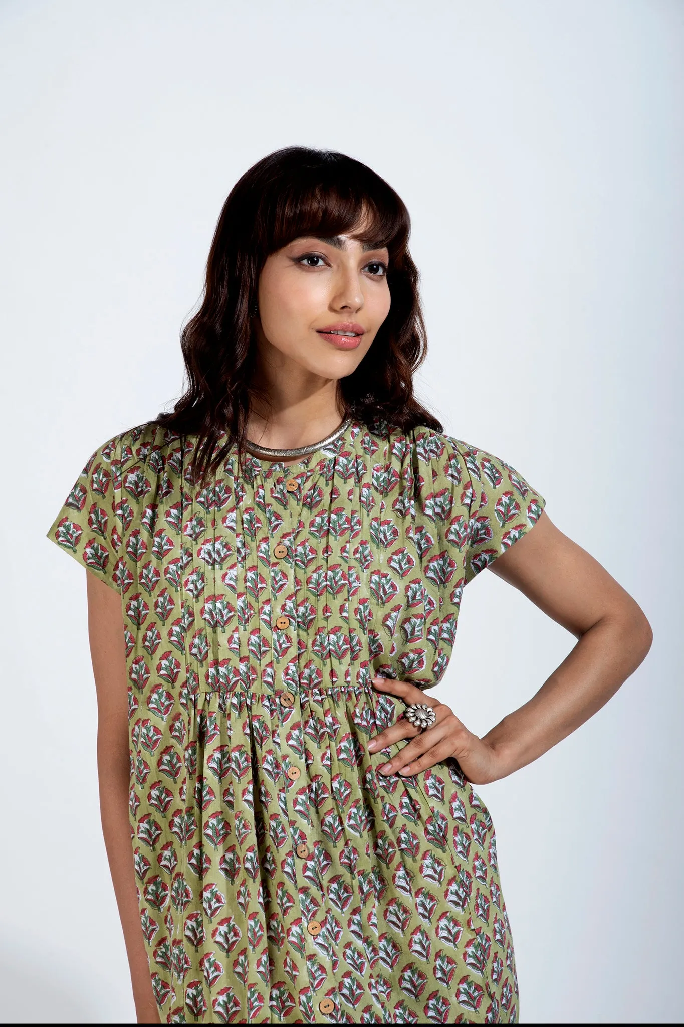 button down pintuck dress - glowing jade & springtime palette