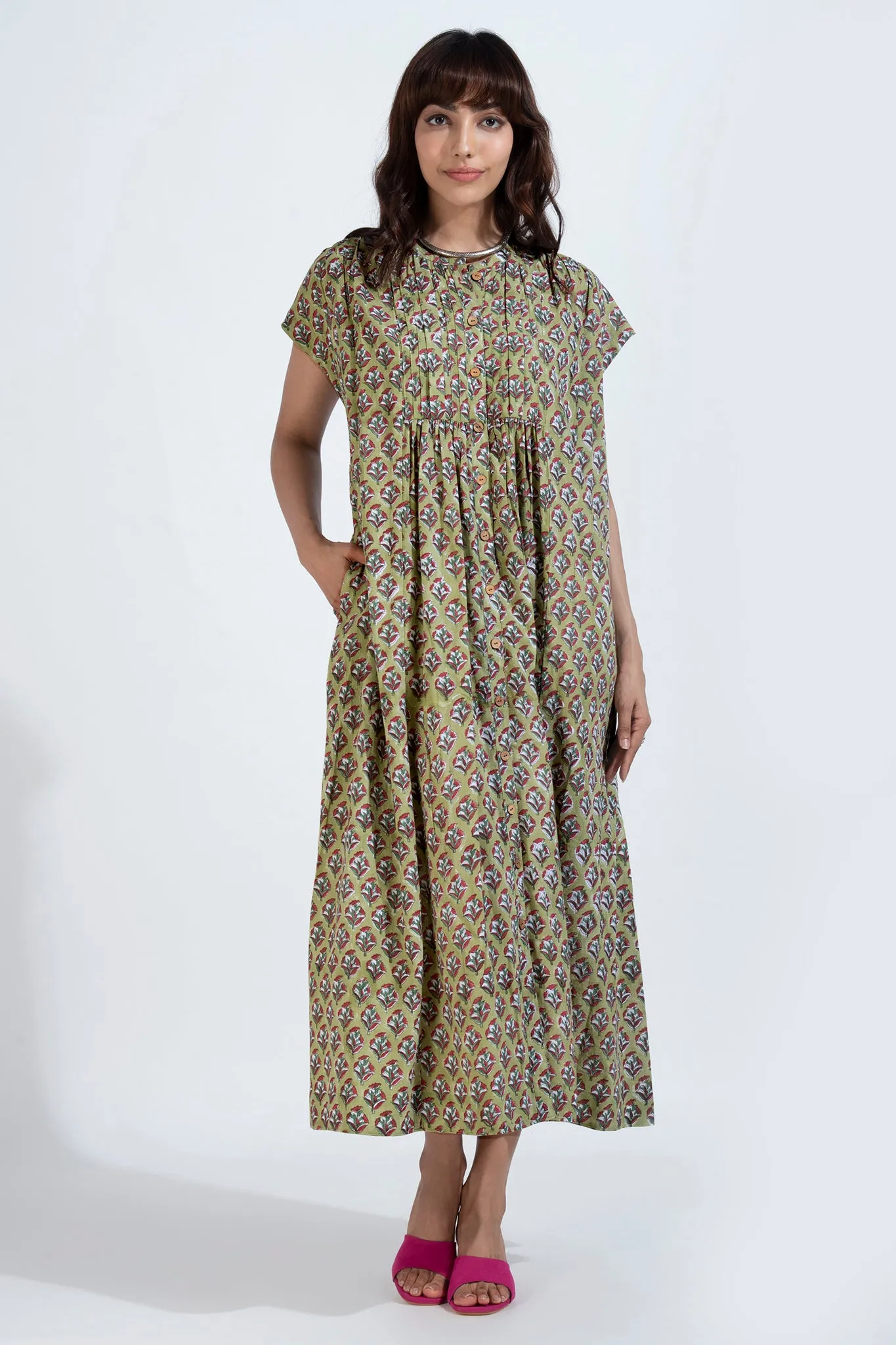 button down pintuck dress - glowing jade & springtime palette