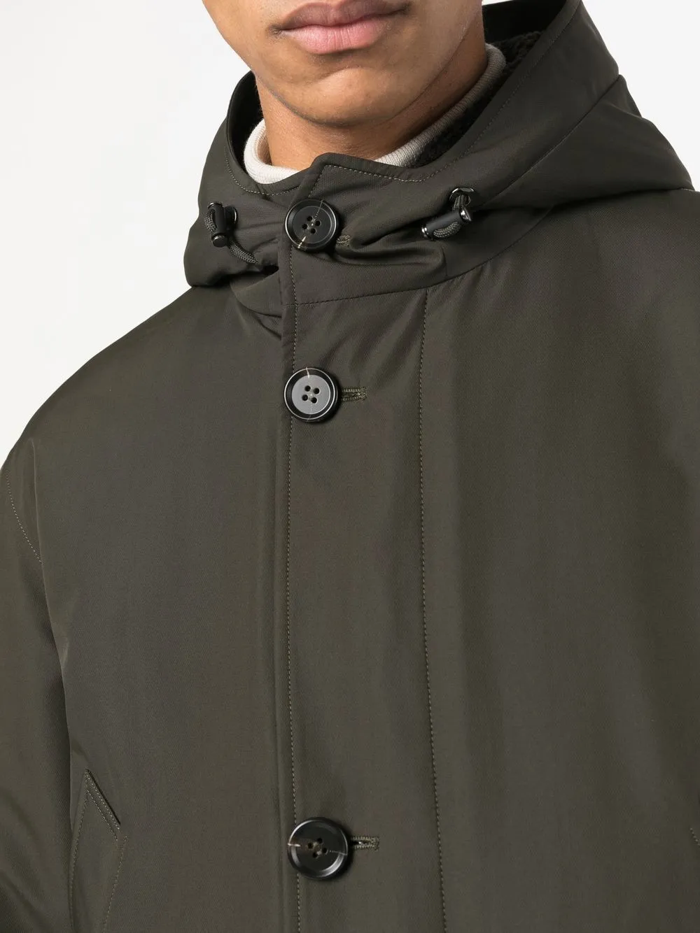 button-front hooded parka with fur trimming