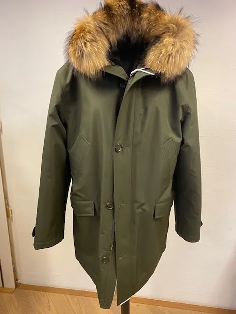 button-front hooded parka with fur trimming