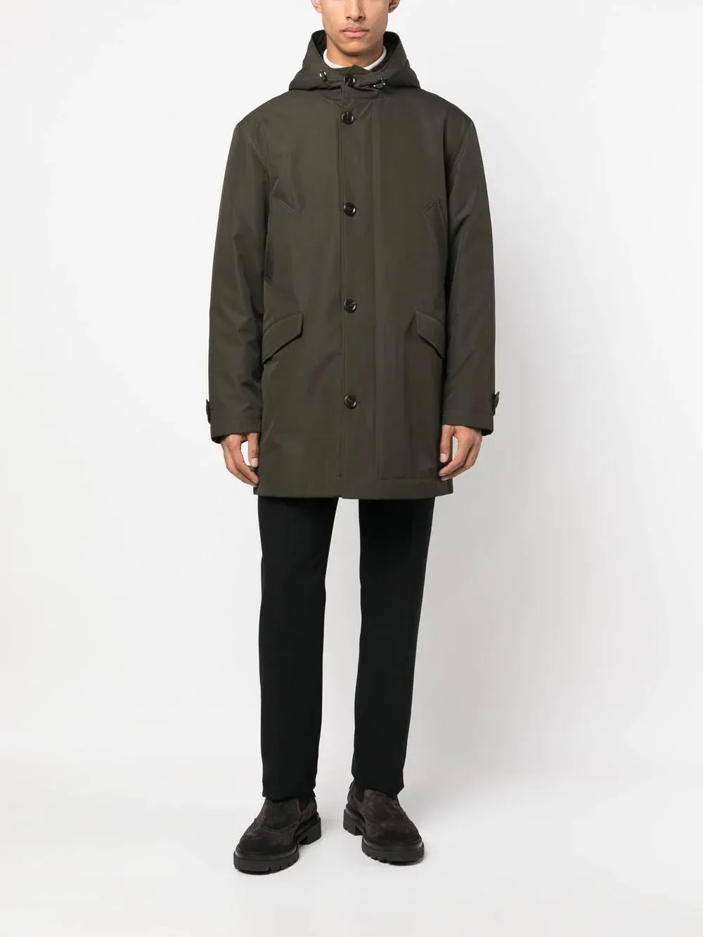 button-front hooded parka with fur trimming