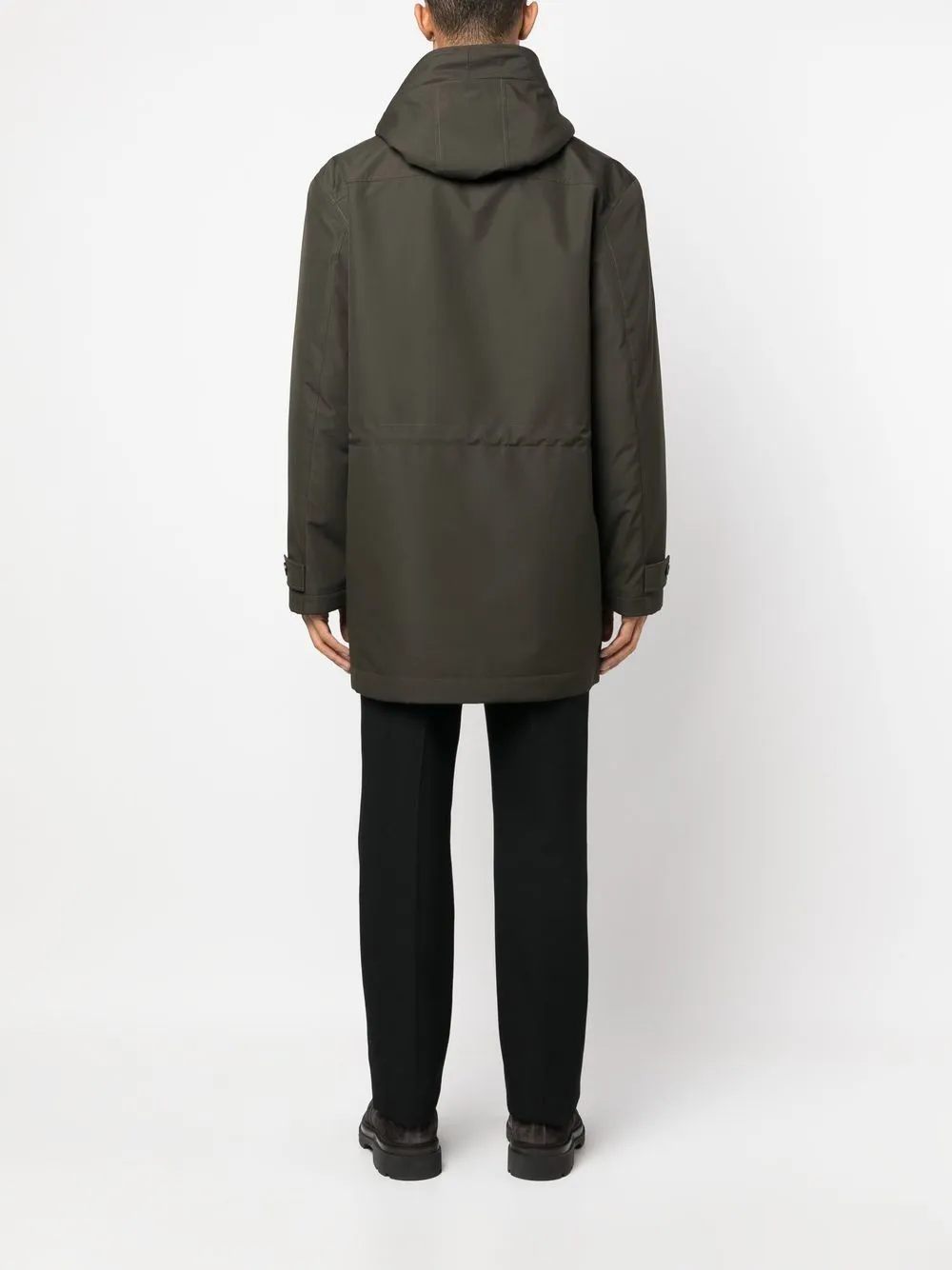 button-front hooded parka with fur trimming