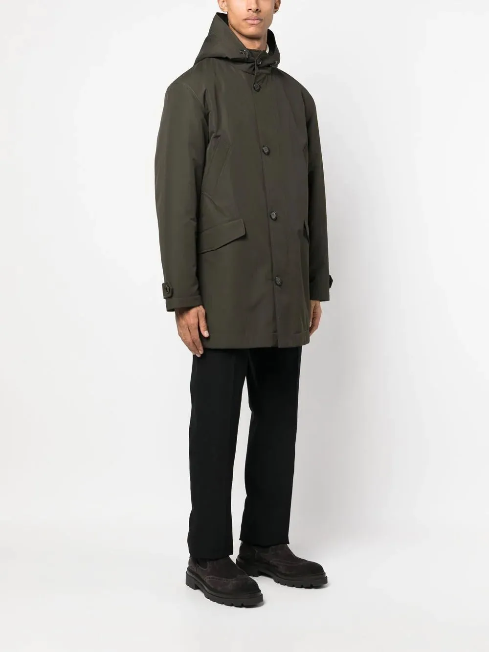 button-front hooded parka with fur trimming