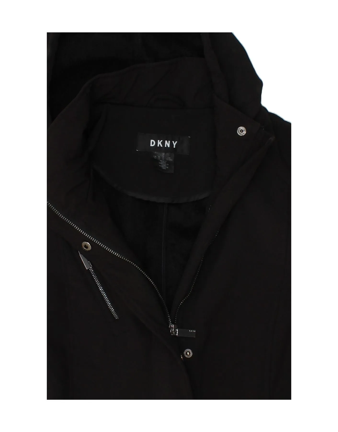 DKNY Womens Hooded Overcoat UK 14 Large Black Polyester
