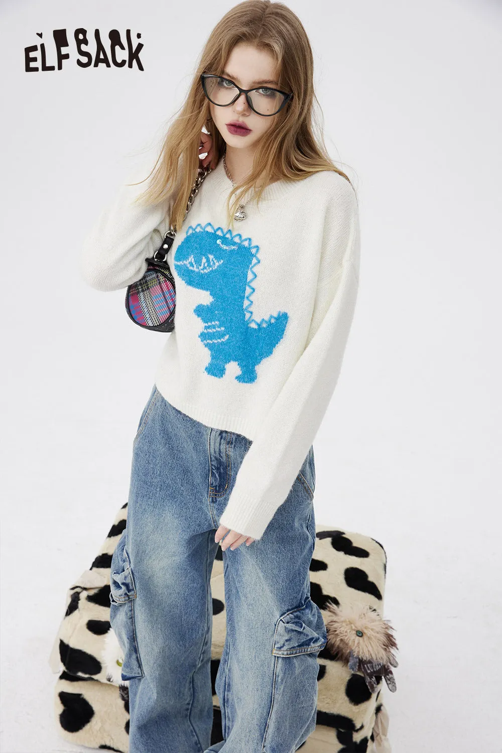 ELFSACK Underwear Women Bottoming Shirt Spring Slim Basic Long-Sleeved Knit T-Shirt Loose Dinosaur Embroidered 2024 Spring New