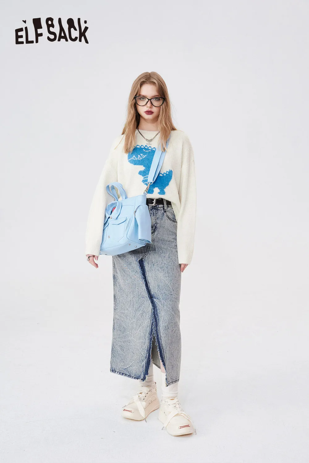 ELFSACK Underwear Women Bottoming Shirt Spring Slim Basic Long-Sleeved Knit T-Shirt Loose Dinosaur Embroidered 2024 Spring New