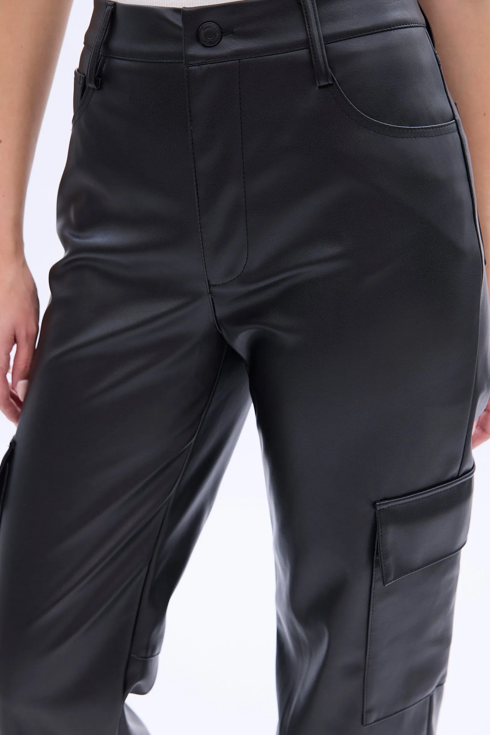 High Rise Faux Leather Cargo Straight Pant