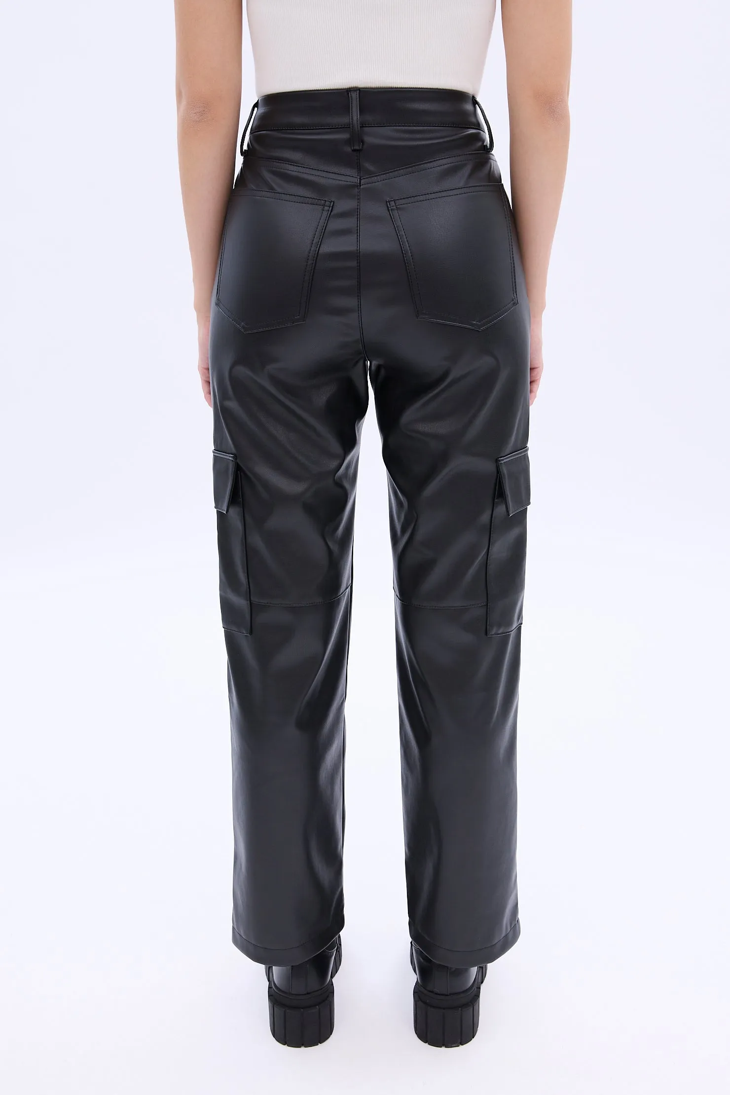 High Rise Faux Leather Cargo Straight Pant