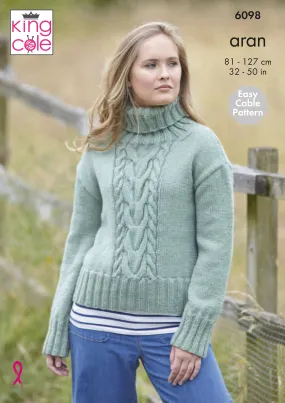 King Cole 6098 Aran Knitting Pattern - Easy Knit Cable Sweaters (32 - 50 in)