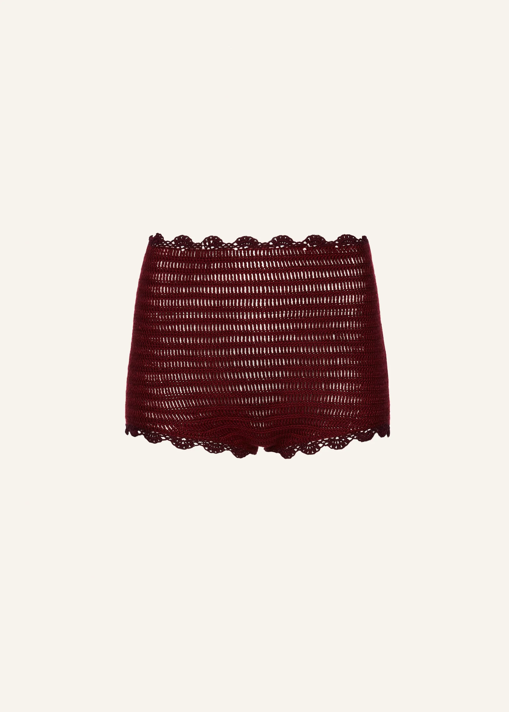 Lace trim crochet shorts in bordeaux