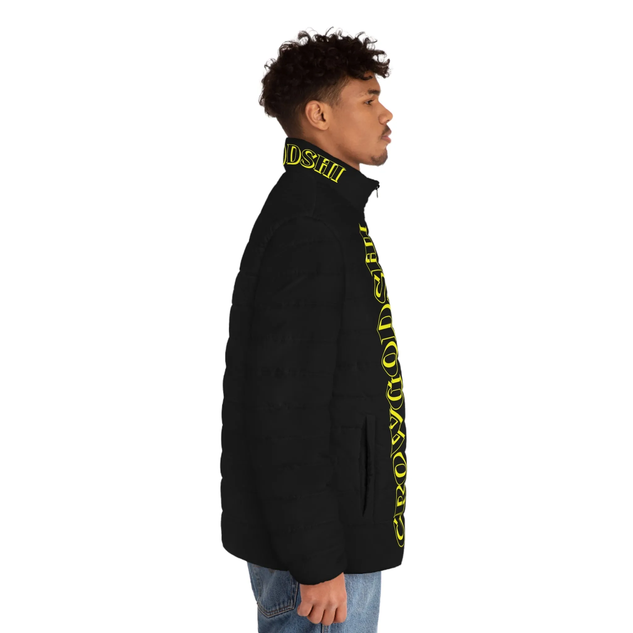 Men's CROWGODSHI 2nd GEN Puffer Jacket, BLACK W/ YELLOW LOGO