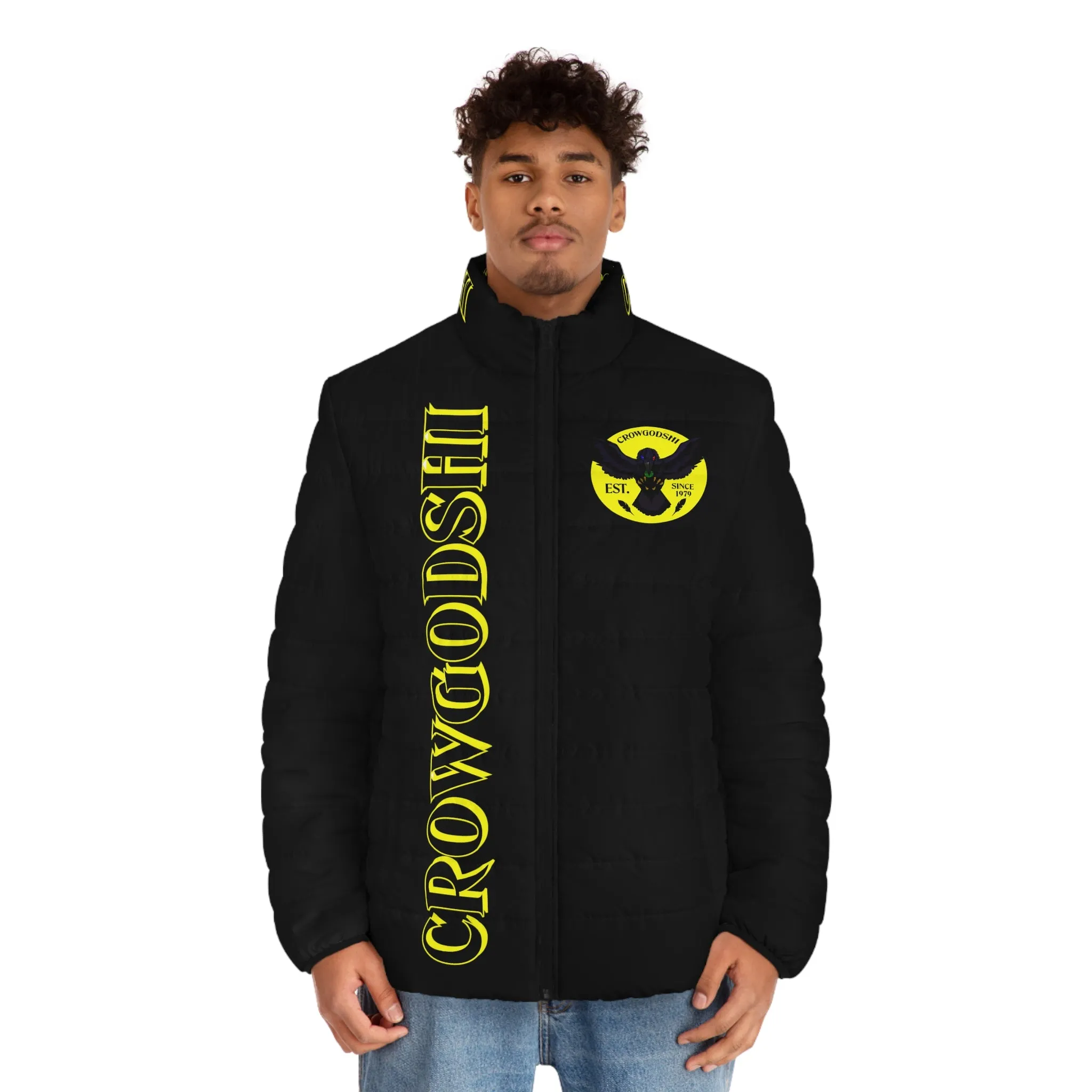 Men's CROWGODSHI 2nd GEN Puffer Jacket, BLACK W/ YELLOW LOGO