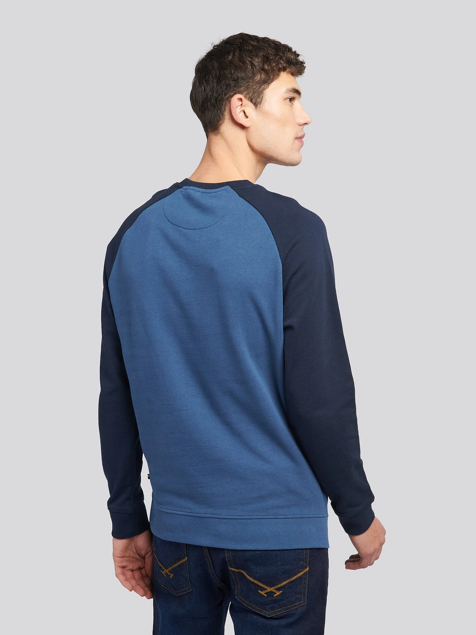 Mens Raglan Rider Crew Neck Sweater in Dark Denim
