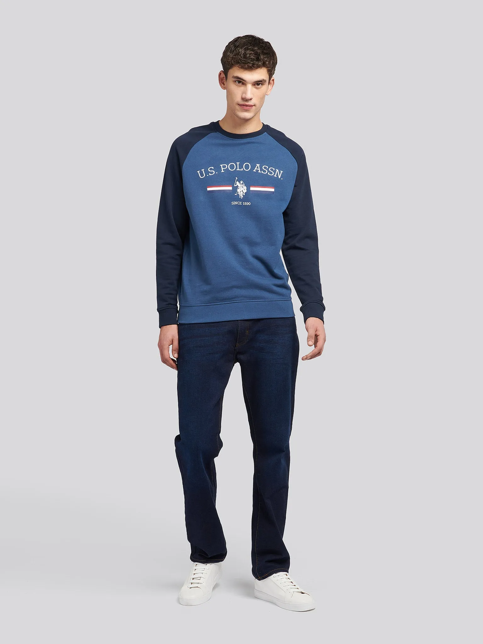 Mens Raglan Rider Crew Neck Sweater in Dark Denim