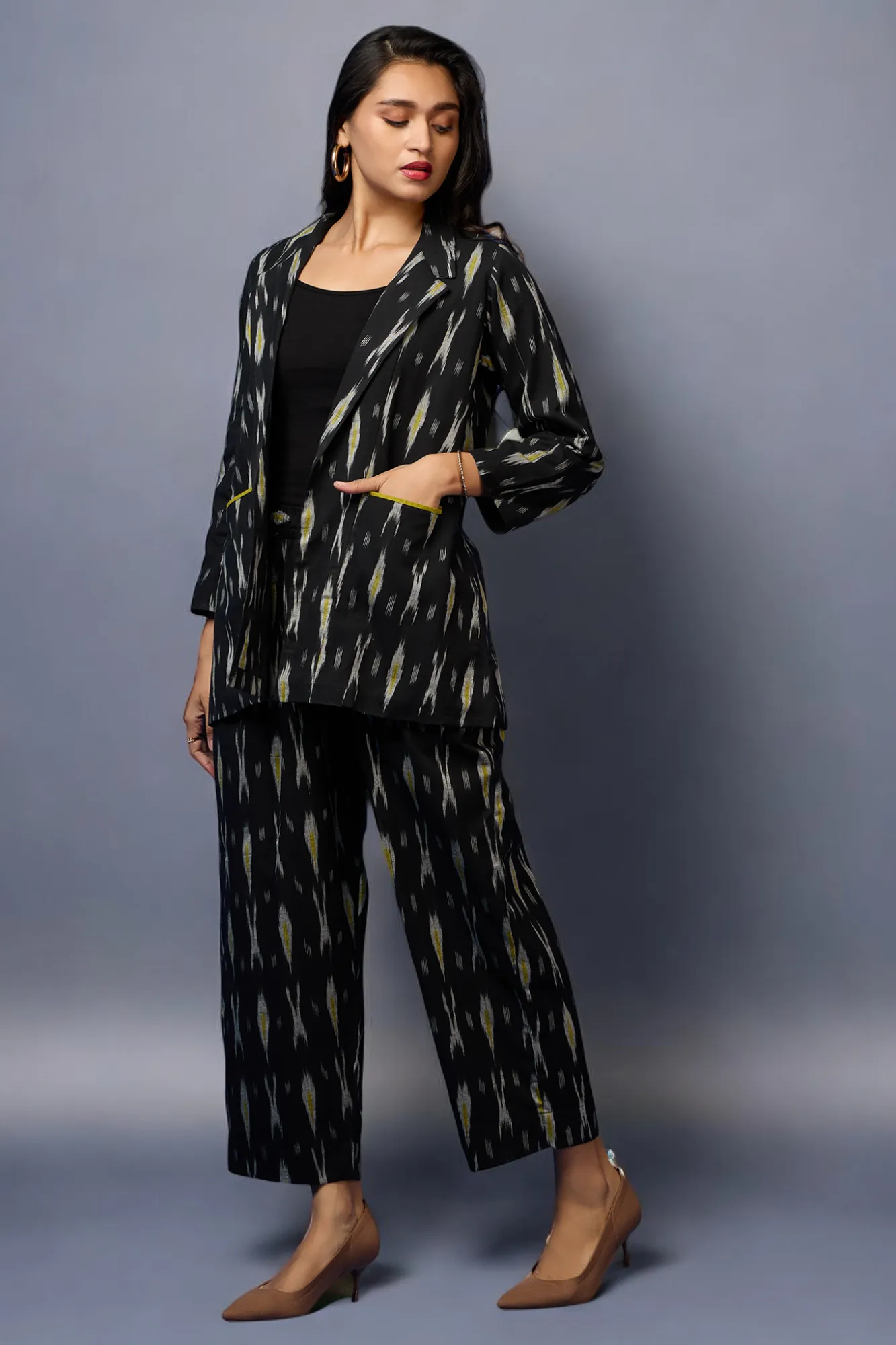 pantsuit set (blazer   trousers) - Black Ink & Green Brushstrokes
