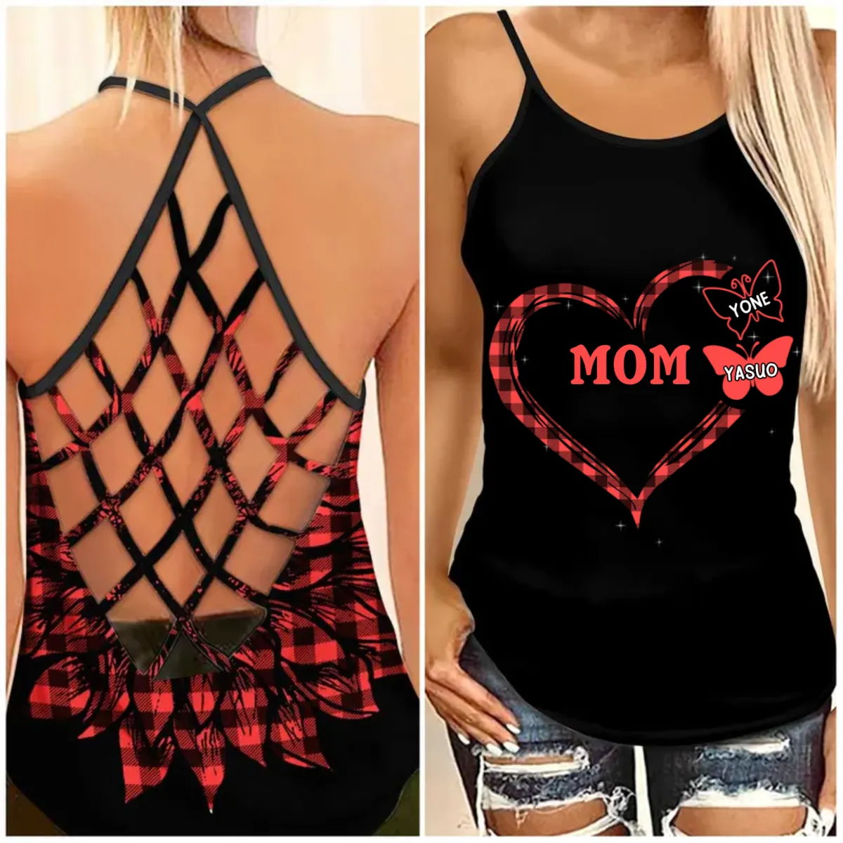 Personalized Grandma Mom Heart Butterfly Leopard Checkered Floral Patterns Cross Tank Top