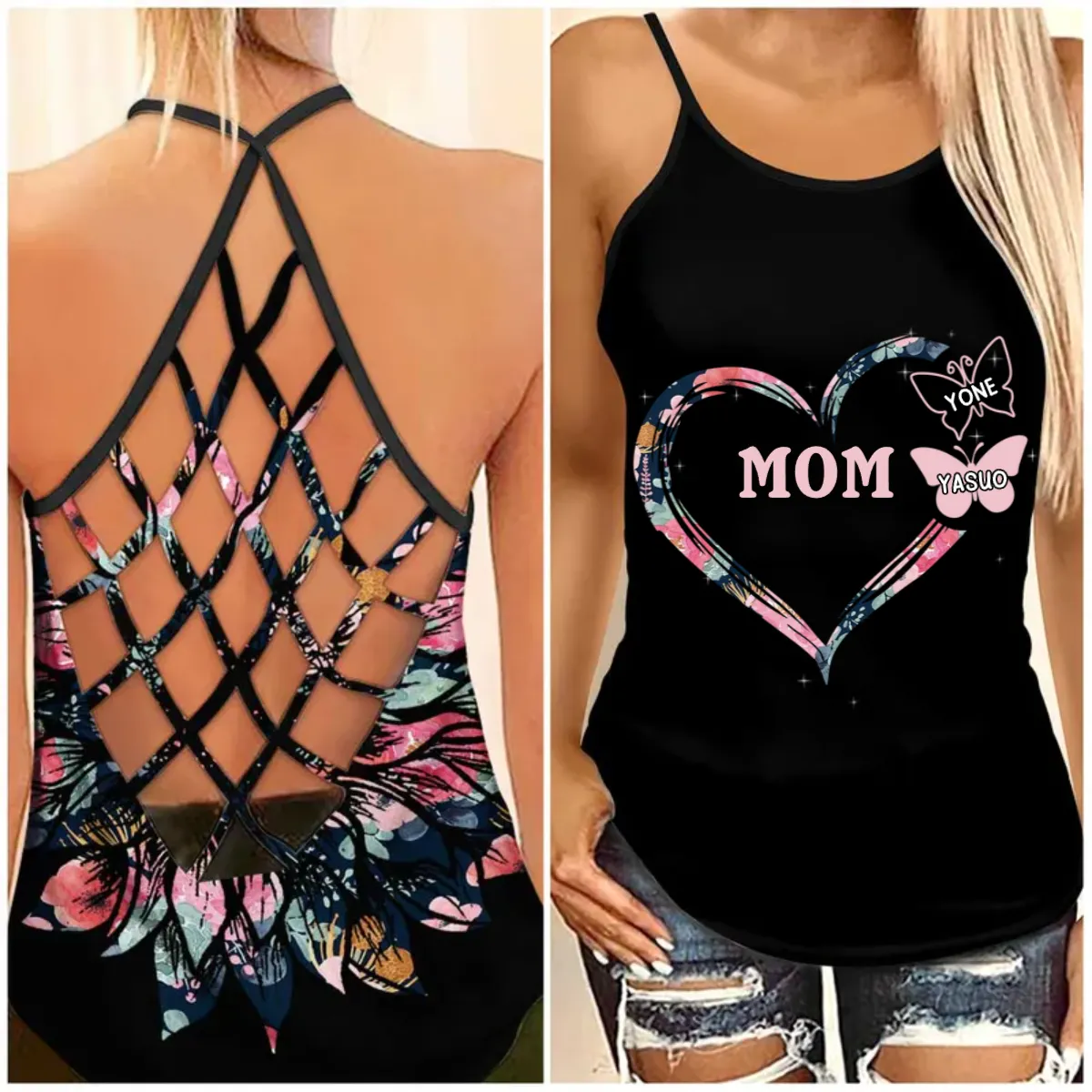 Personalized Grandma Mom Heart Butterfly Leopard Checkered Floral Patterns Cross Tank Top