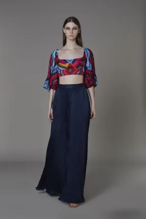 Saaksha & KinniÂ    I   Pink blue big diamond bustier with attached balloon sleeves

Navy blue non print pleated skirt Blouse - Satin

Skirt - Chiffon Blouse - Pink / blue

Skirt - Navy Blue   SS22102

  SS22103