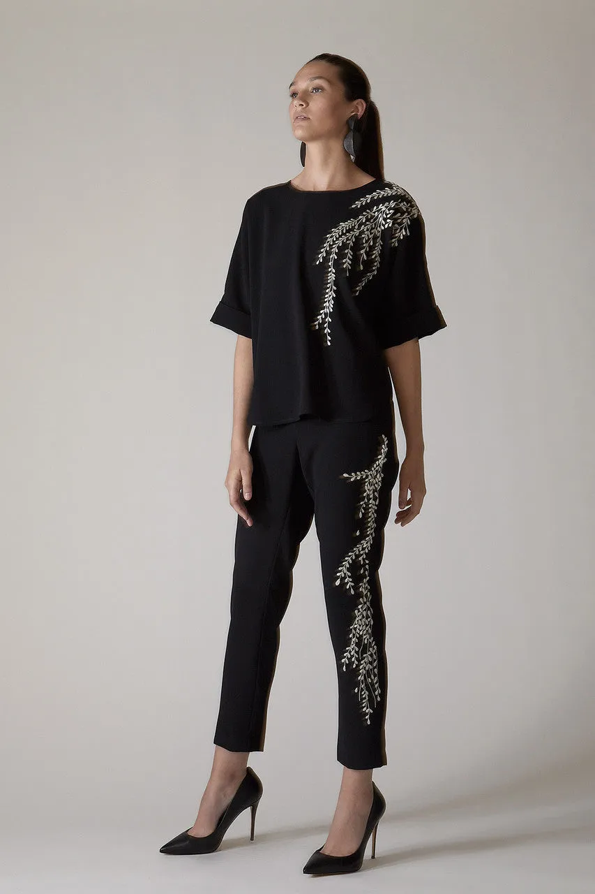 Solid Crepe Embroidered Ankle Pants
