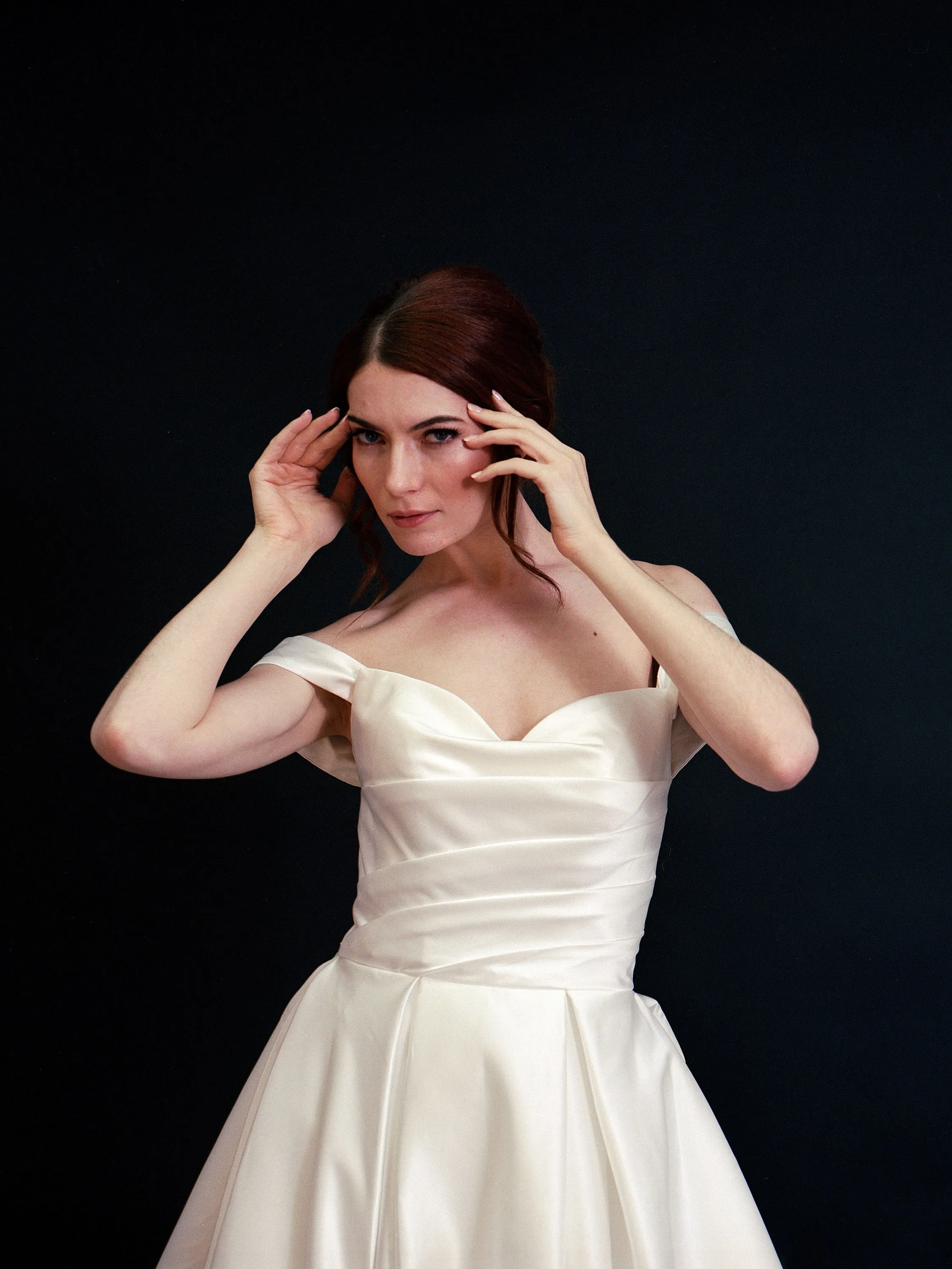 Style D2406 - Lux Satin off-the-shoulder Pleated Bodice Elegant A-line gown
