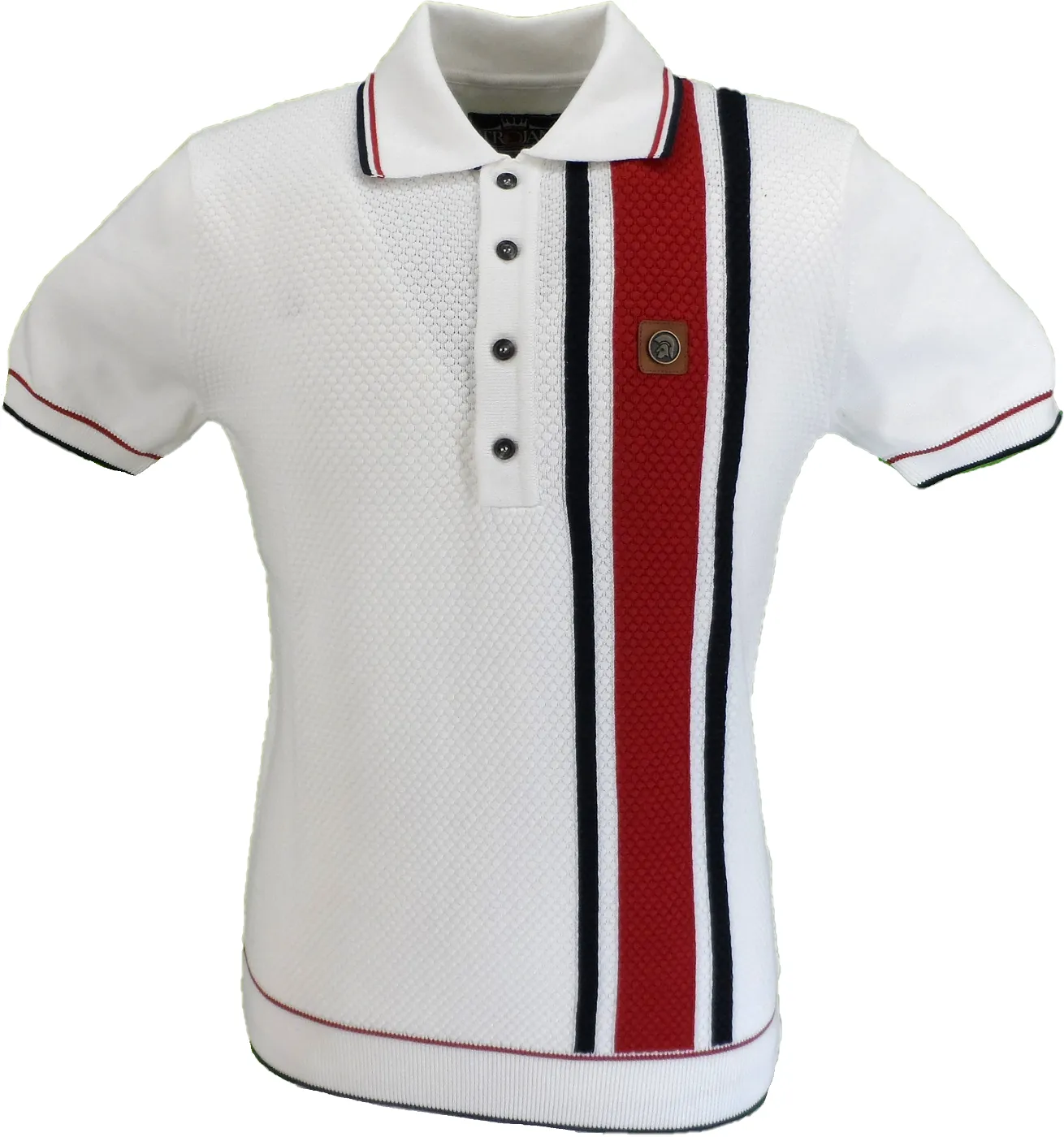 Trojan Mens Ecru Textured Stripe Knitted Polo Shirt