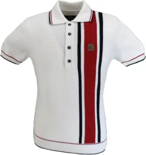 Trojan Mens Ecru Textured Stripe Knitted Polo Shirt