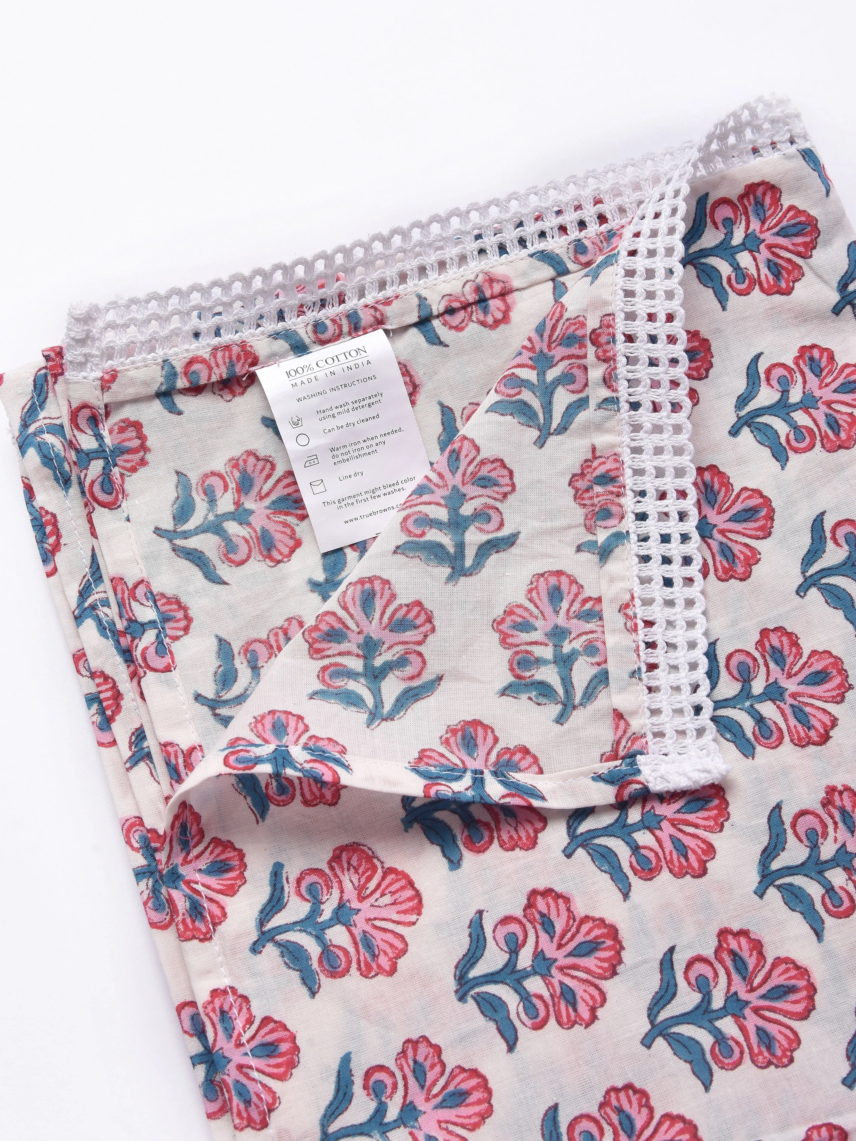 White Pink Floral Block Print Cotton Stole