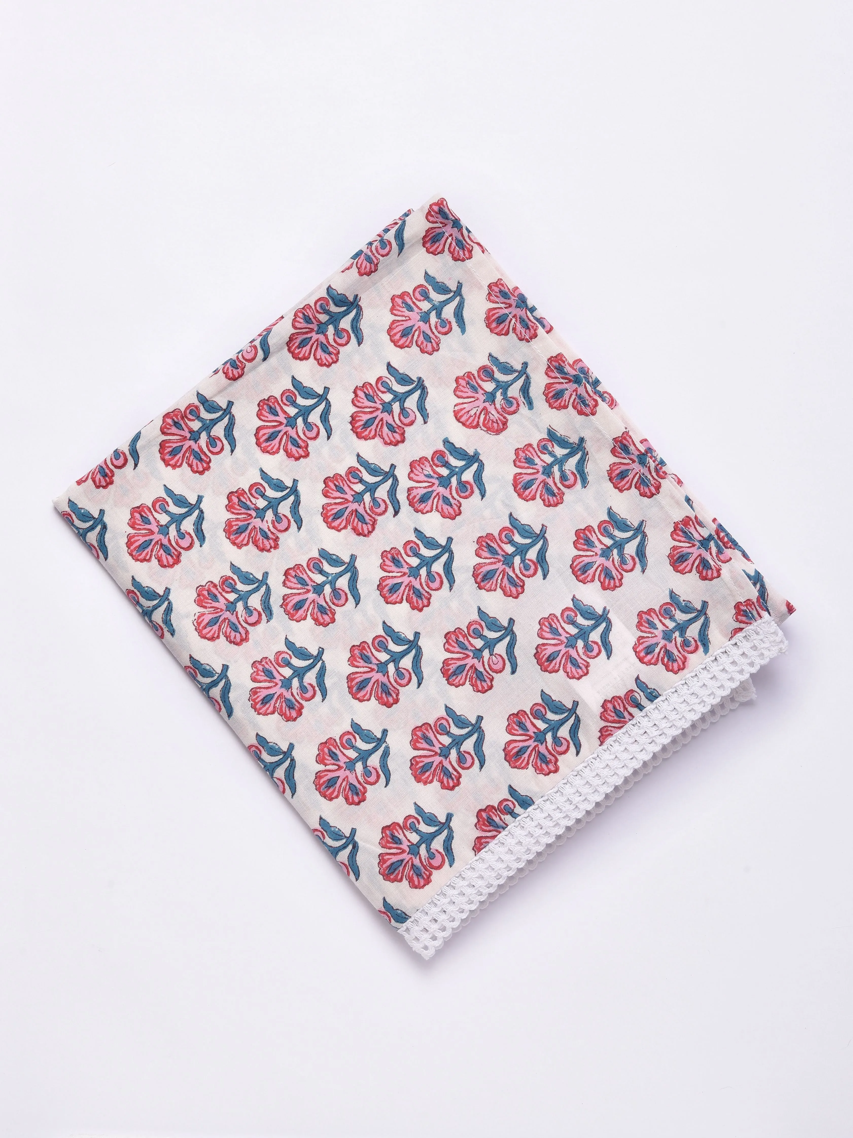 White Pink Floral Block Print Cotton Stole