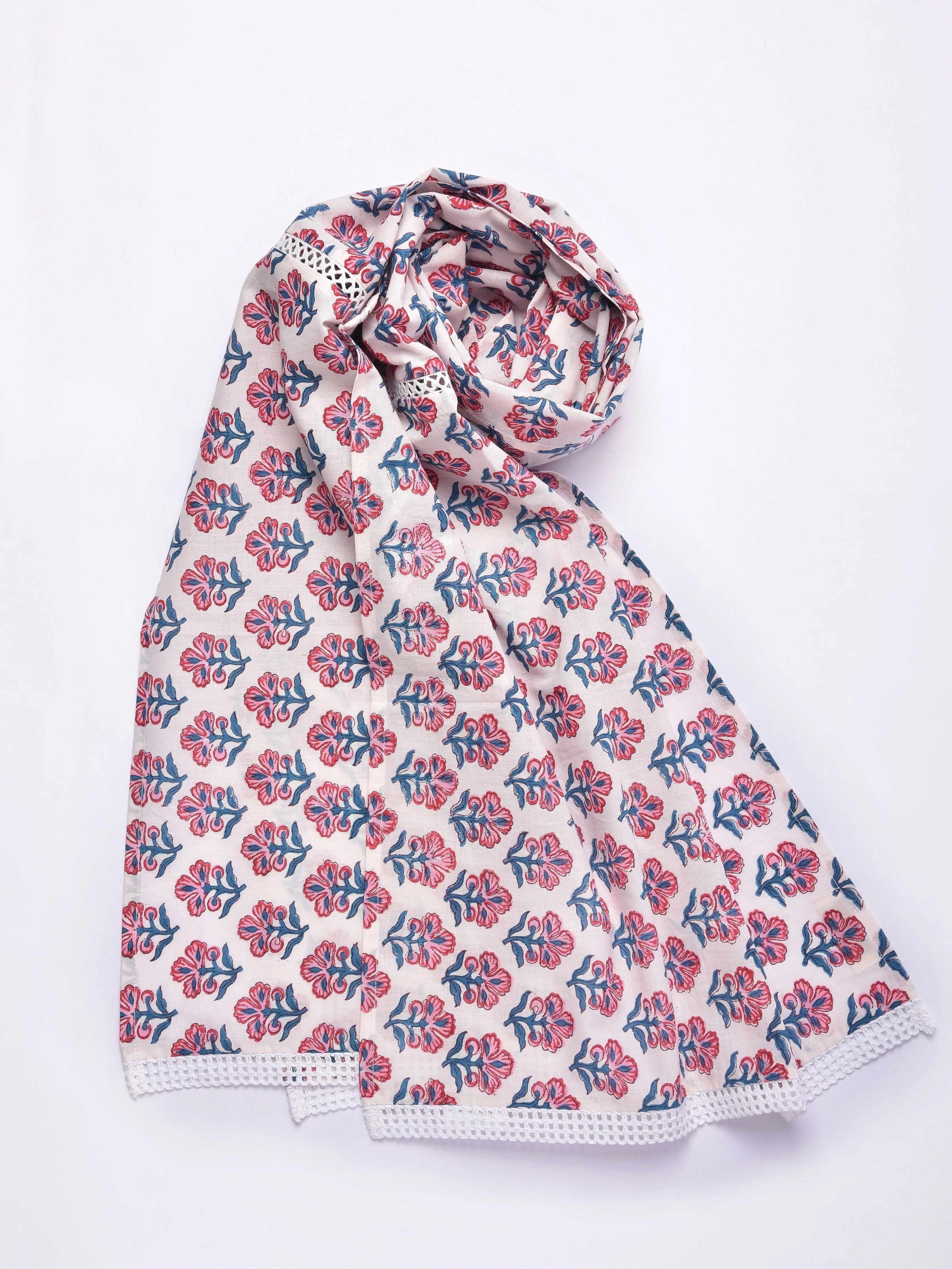 White Pink Floral Block Print Cotton Stole