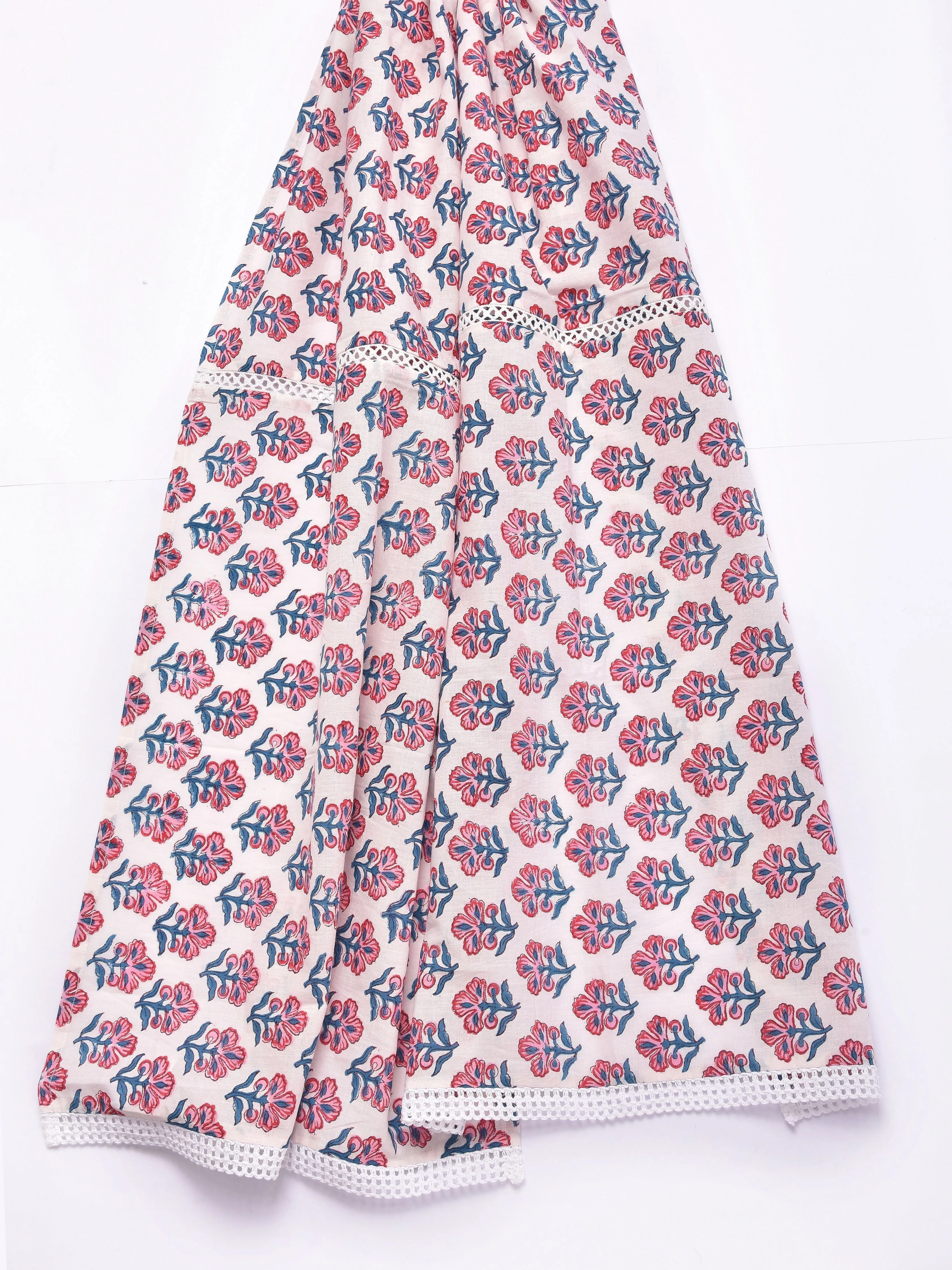 White Pink Floral Block Print Cotton Stole