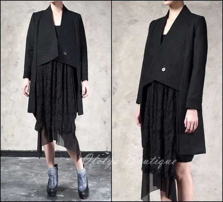 Winter Back Long Quilted Collar Red -Black Woolen Coat Jacket// Short in Front Long Back Loose