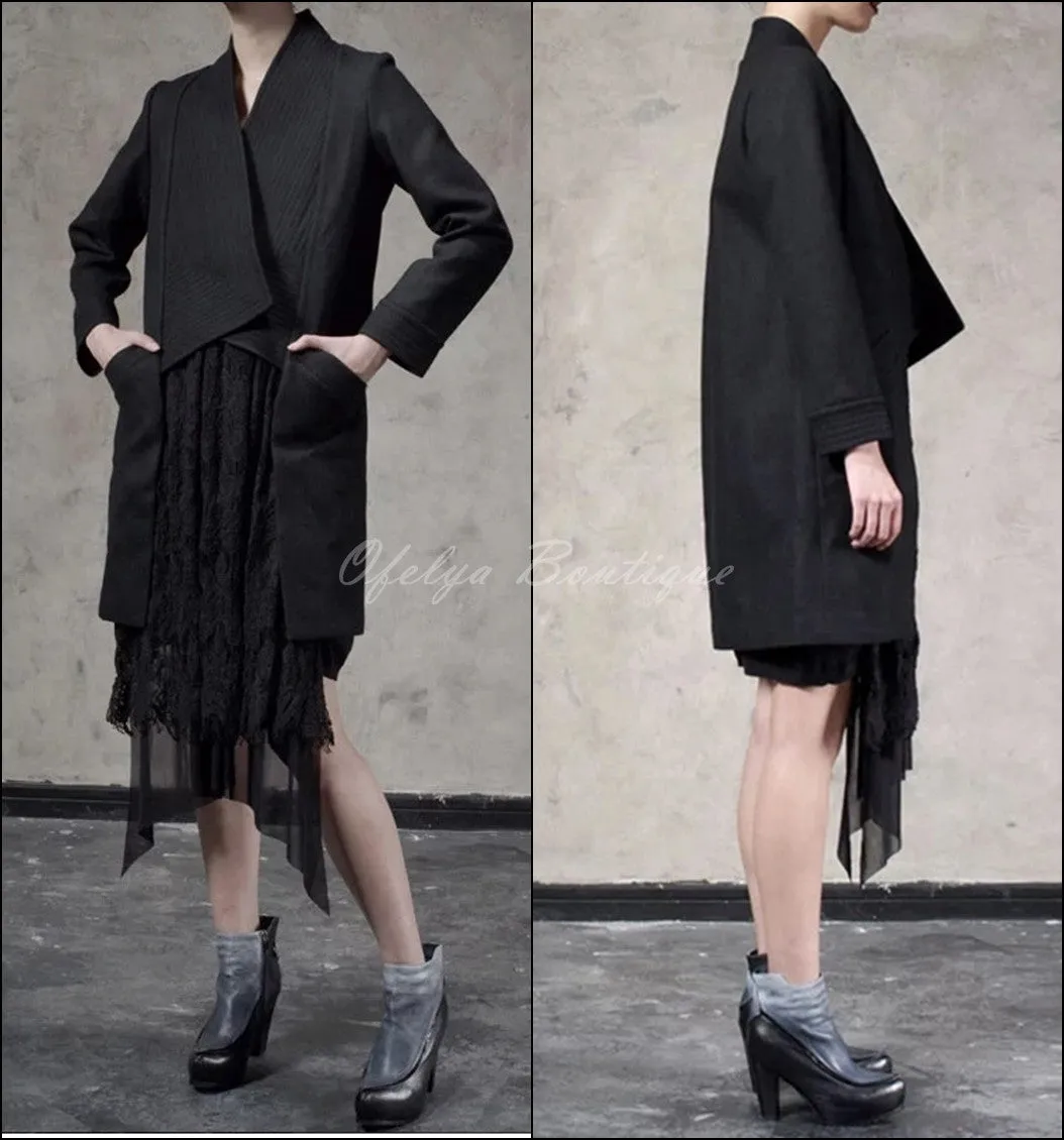 Winter Back Long Quilted Collar Red -Black Woolen Coat Jacket// Short in Front Long Back Loose