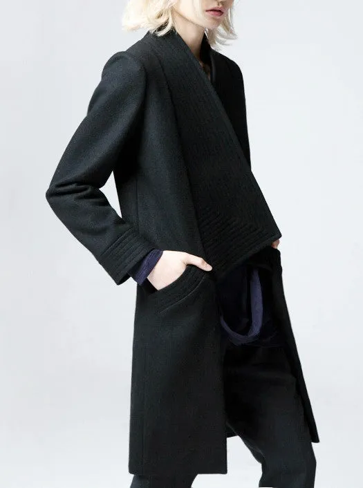 Winter Back Long Quilted Collar Red -Black Woolen Coat Jacket// Short in Front Long Back Loose