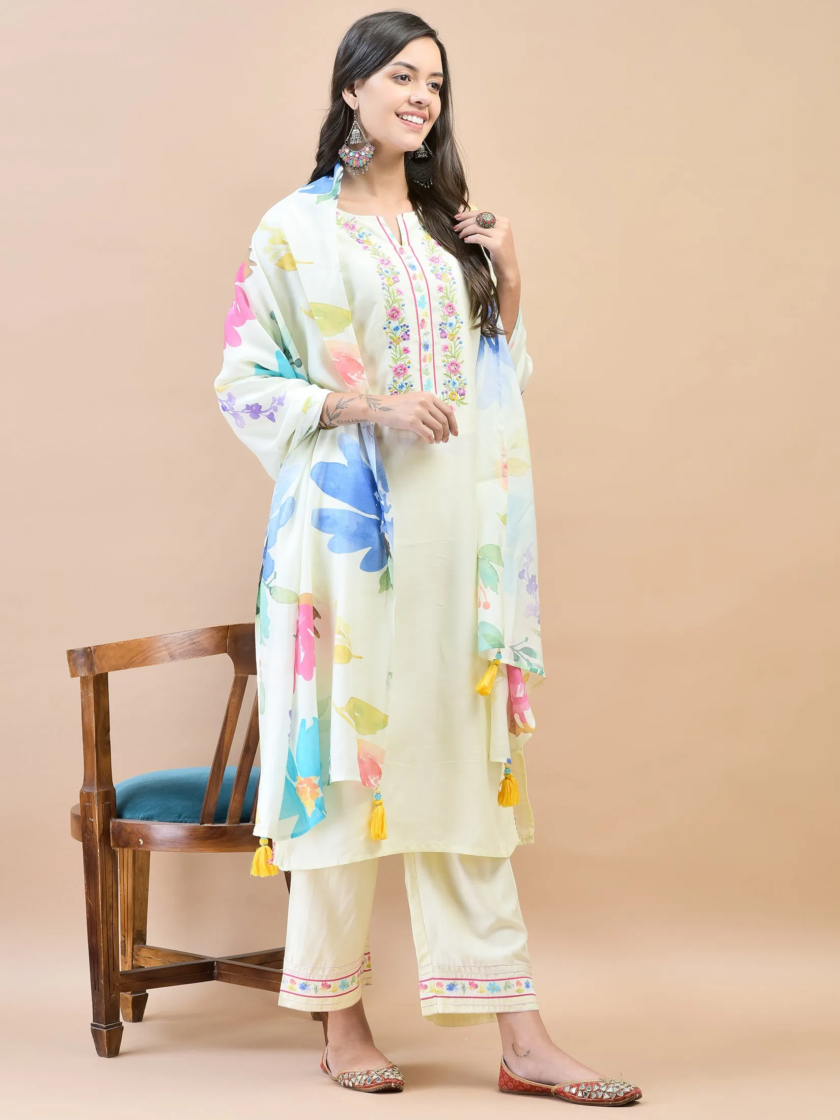 Women Liva Off White Embroidered Kurta Comfort Pant Dupatta