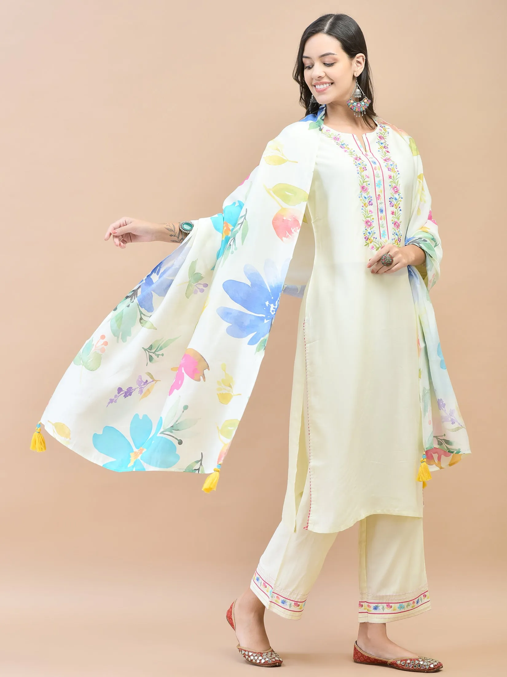 Women Liva Off White Embroidered Kurta Comfort Pant Dupatta