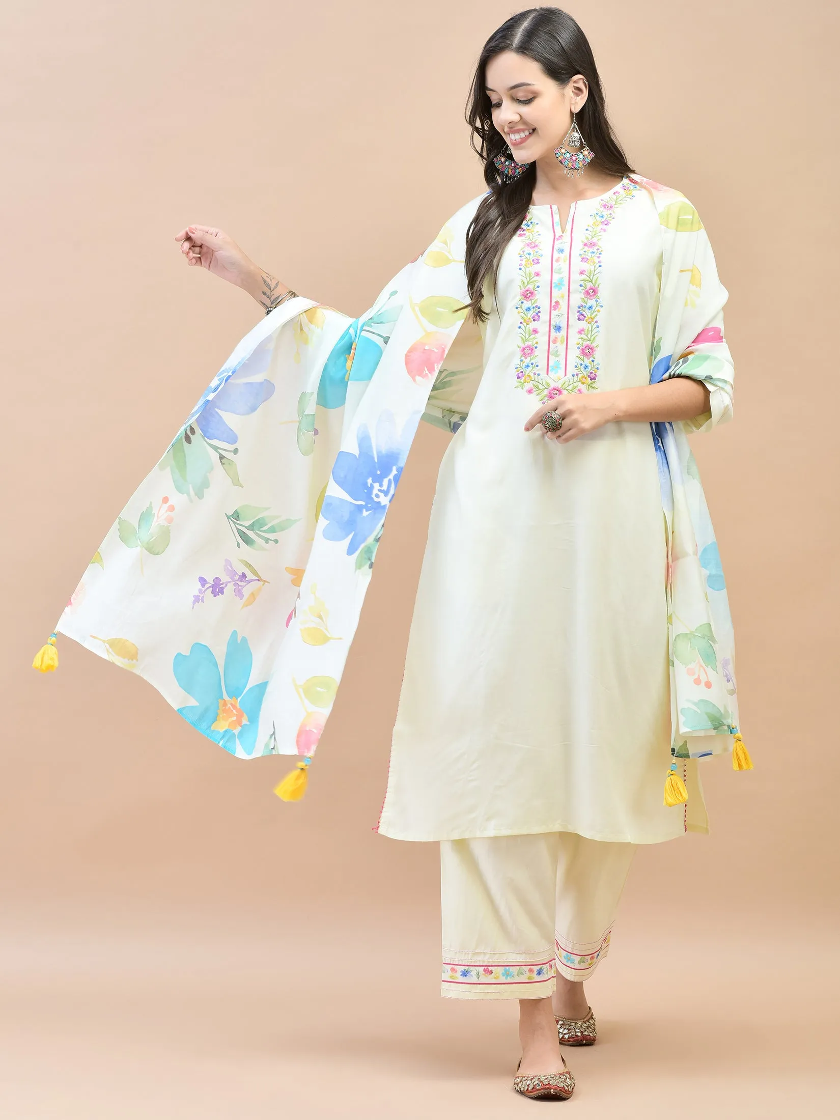 Women Liva Off White Embroidered Kurta Comfort Pant Dupatta