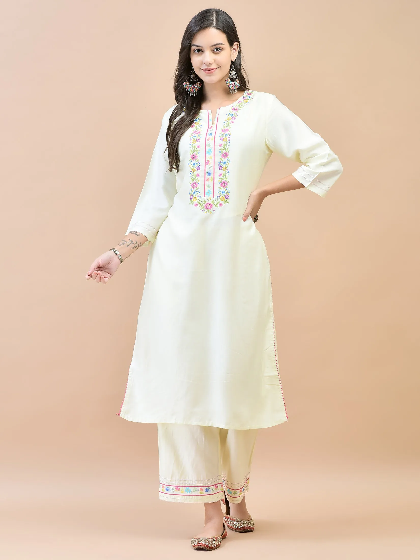 Women Liva Off White Embroidered Kurta Comfort Pant Dupatta