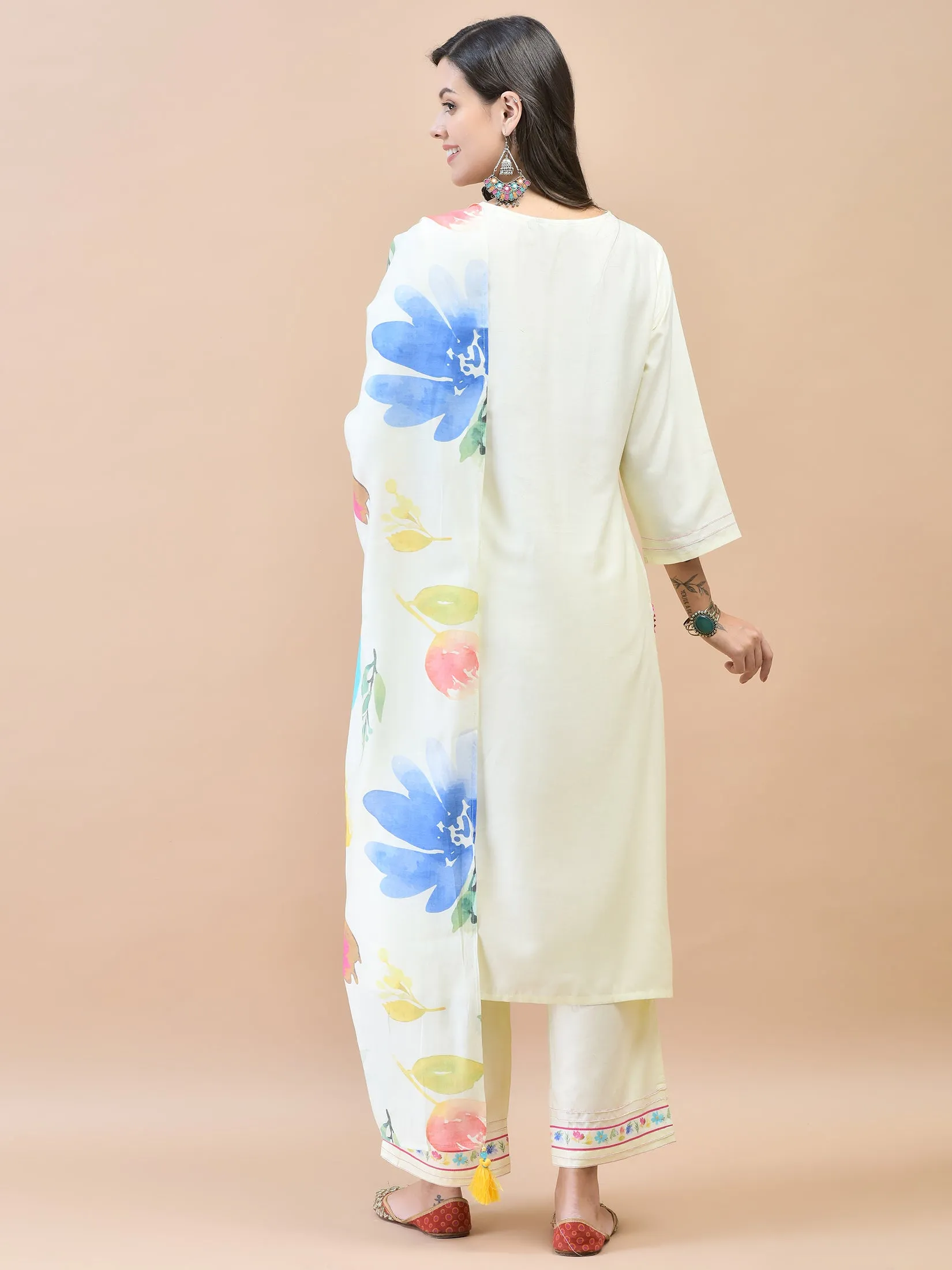 Women Liva Off White Embroidered Kurta Comfort Pant Dupatta
