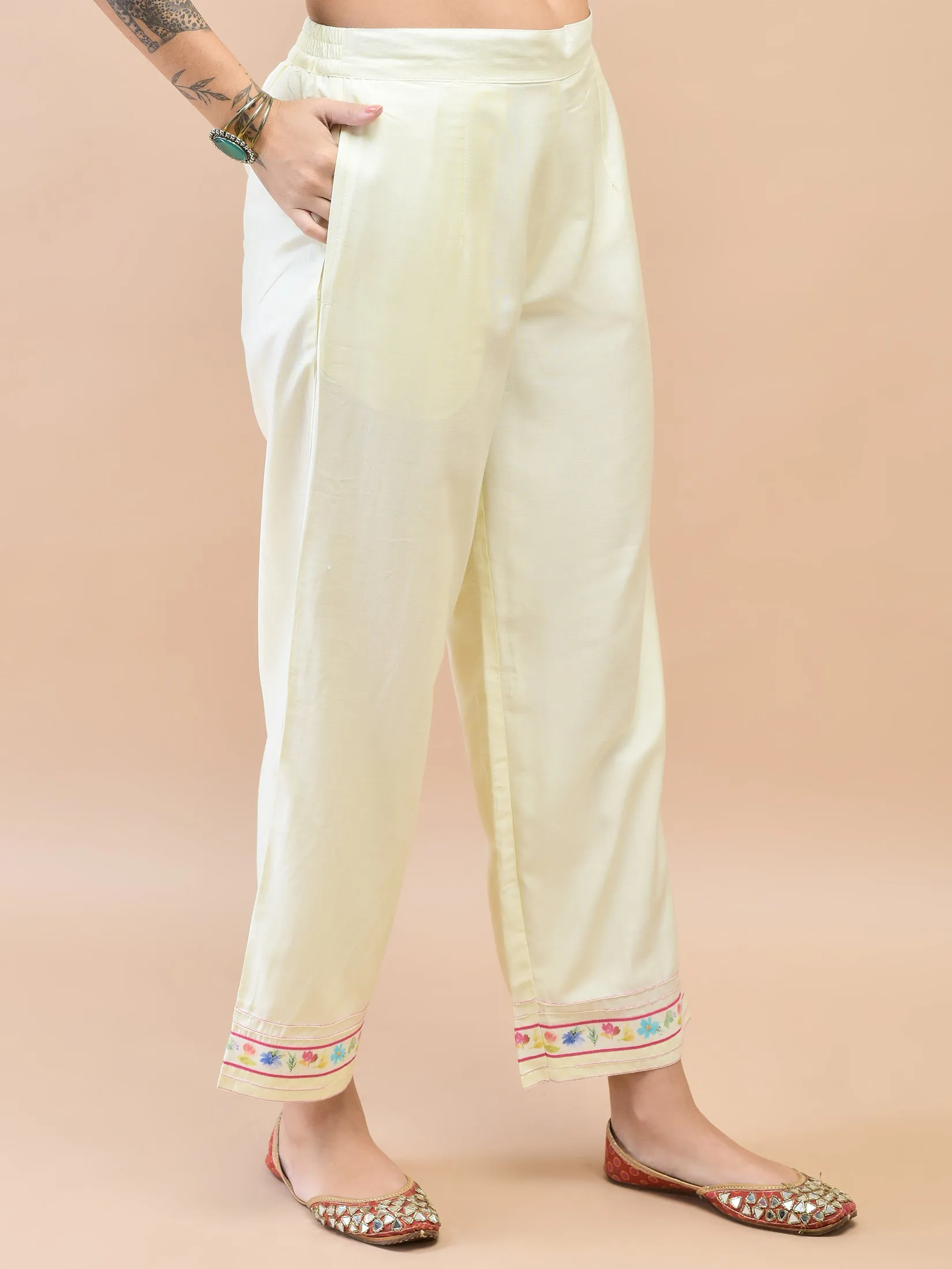 Women Liva Off White Embroidered Kurta Comfort Pant Dupatta