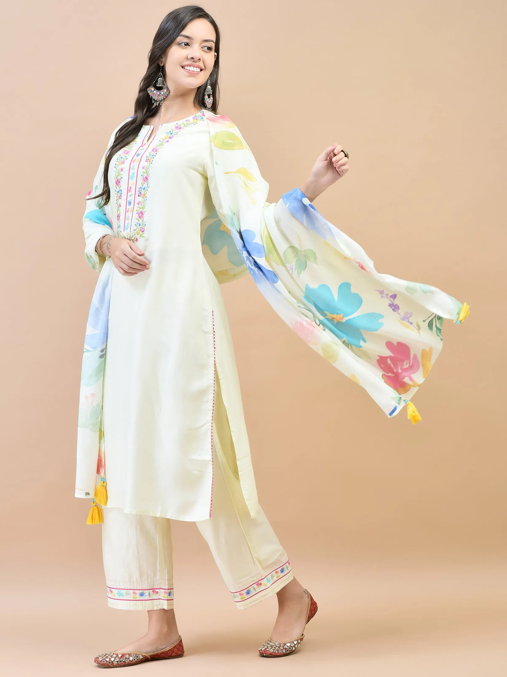 Women Liva Off White Embroidered Kurta Comfort Pant Dupatta