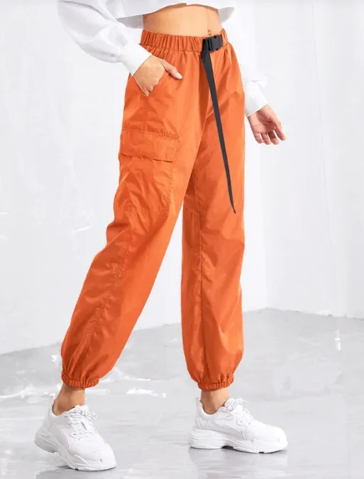 Women Push Buckle Front Pocket Side Tapered Carrot Pants Hiphop Streetwear Neon Jogger