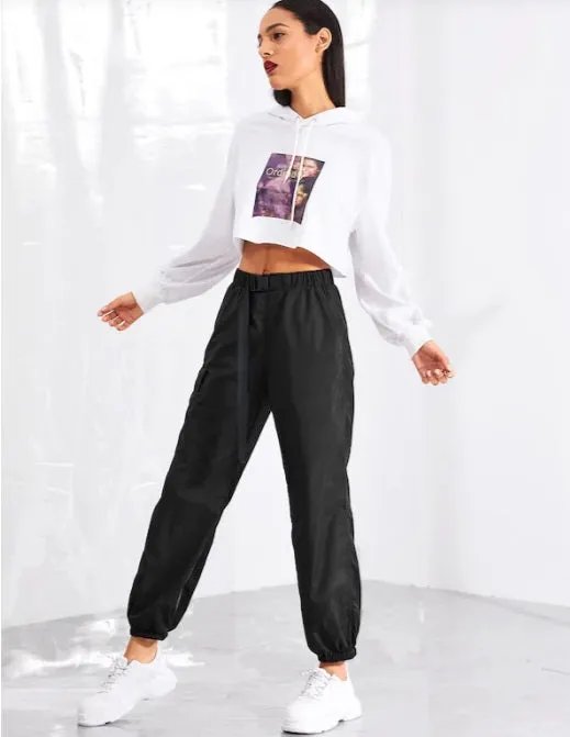 Women Push Buckle Front Pocket Side Tapered Carrot Pants Hiphop Streetwear Neon Jogger