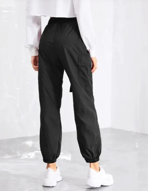 Women Push Buckle Front Pocket Side Tapered Carrot Pants Hiphop Streetwear Neon Jogger
