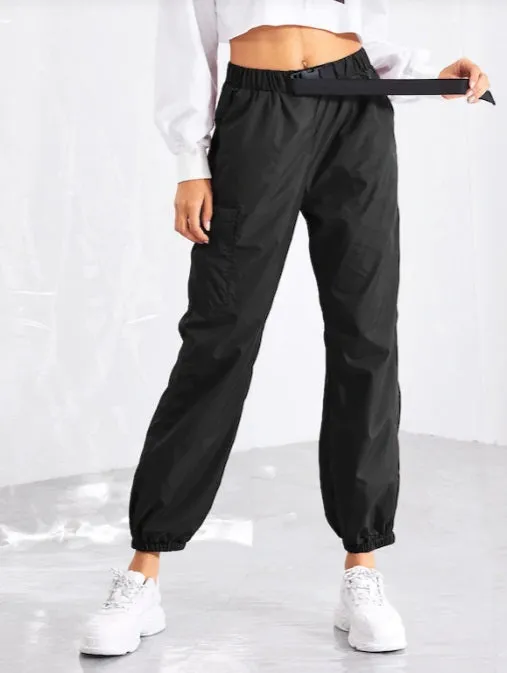 Women Push Buckle Front Pocket Side Tapered Carrot Pants Hiphop Streetwear Neon Jogger