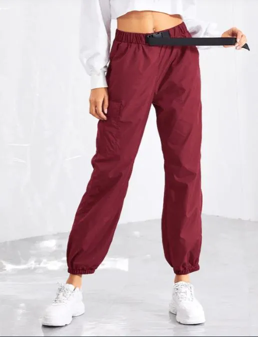 Women Push Buckle Front Pocket Side Tapered Carrot Pants Hiphop Streetwear Neon Jogger